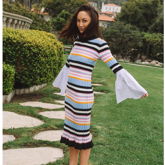 Endless Rose Bell Sleeve Striped Midi Sweater Dress Small - Picture 1 of 14